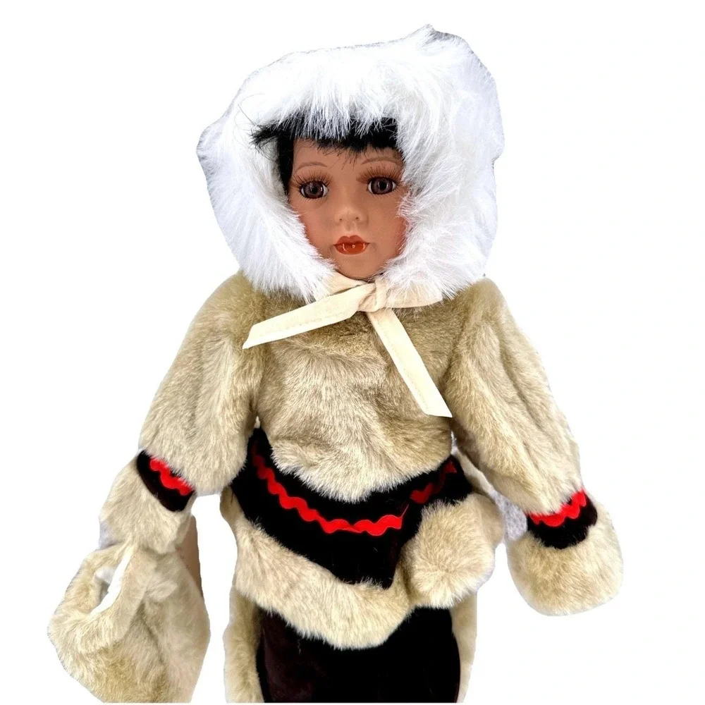 Vintage Porcelain Eskimo Doll Faux‎ Fur Hooded Outfit Display Collectible